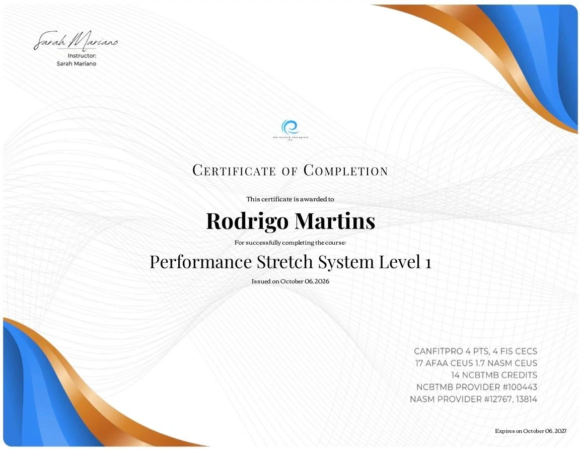 Rodrigo Martins certificate of completion for Performance Stretch System Level 1