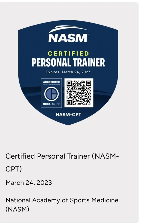 NASM Certified Personal Trainer badge with issue date and expiration
