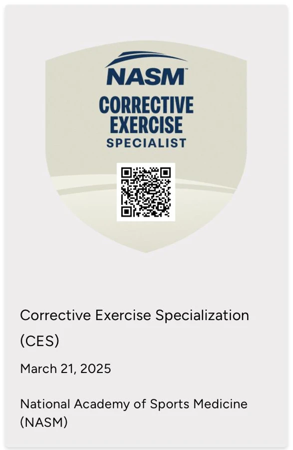 NASM Corrective Exercise Specialization badge dated March 21, 2025